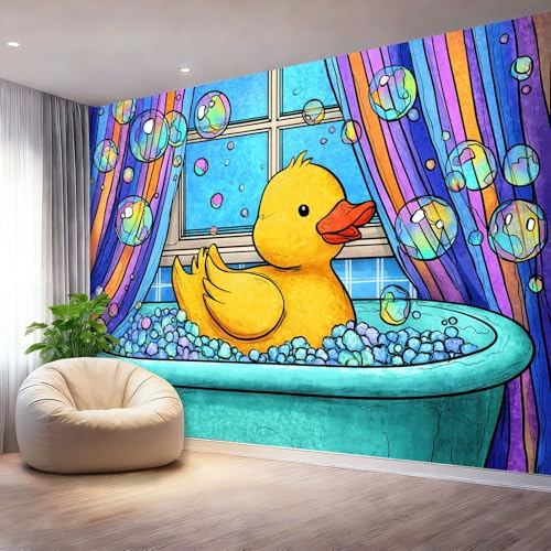 Papier Peint Panoramique Dessin Animé Canard Baignoire Bulles Jaune Bleu Papier Peint Intissé Tapisserie Poster Mural Photo Muraux pour Salon Chambre Décoration Murale, 350 x 256 cm