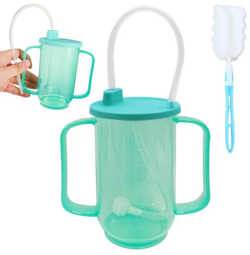 Beakers for Elderly,350ml Adult Sippy Cups for The Elderly Non Spill with Straw,Brush and Lid,Double Handles Spill-Proof Sippy Cups for Bedridden Elderly,Pregnant Women and Patient,Preventing Choking