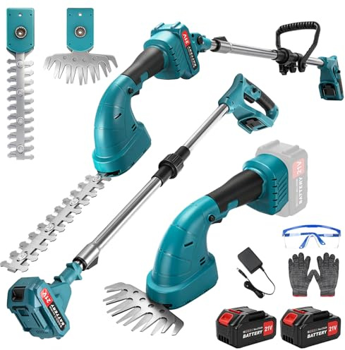 Tagliasiepi a batteria 3 in 1 con cesoia e telescopio da 135 cm, 2 batterie da 3 Ah | Forbici per erba da 10 cm e cesoie da 20 cm, tagliasiepi con manico lungo regolabile a 180°, compatibile con Makita 18 V