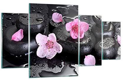 Mehrteilige Bilder auf Glas 160x90cm Glasbild Blumen Steine Tropfen Spa Groß XXL Wanddeko Schlafzimmer Küche Set 4 teilige Wandbilder Dekoration Wohnzimmer Modern Wand Kunstdruck Art GDL160x90-2714
