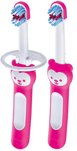MAM Baby Zahnbürste 2er Pack Baby Zahnbürste mit Sicherheitsschildern, ideal für den Unterricht der Zahnhygiene für Säuglinge, Zahnbürste für Babys, ab der Geburt, Rosa