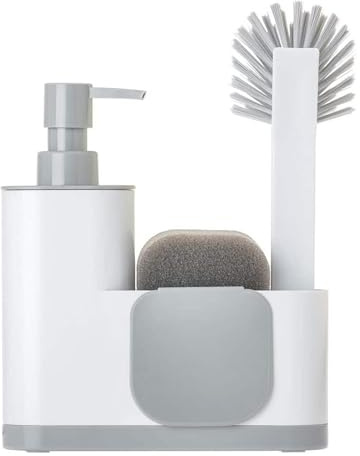 Vigar - Organizador Utensilios de Cocina - 18,5 x 5 x 26 cm - Modelo Flower Power Monobloc - Cepillo, Dispensador Jabón, Estropajo y Espátula - Blanco