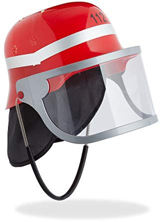 Relaxdays Casco da Pompiere per Bambini, con Visiera, Fazzoletto per Collo & Poggia Mento, Regolabile, Carnevale, rosso
