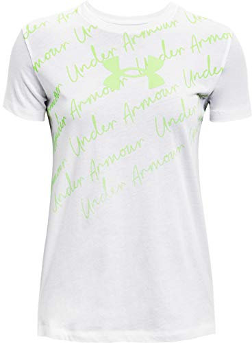 Under Armour Damen Live Script Wordmark Short Sleeve Crew Neck T-Shirt kurzärmelig, Weiß (100)/Summer Lime, X-Small