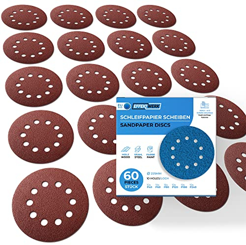 EFFEKTWERK Schleifpapier 225mm Klett - 60 Stück - Profi Schleifscheiben für Trockenbauschleifer Schleifgiraffe Langhalsschleifer - 10 Loch - rund - mit Körnung 10x P40 P60 P80 P120 P180 P240