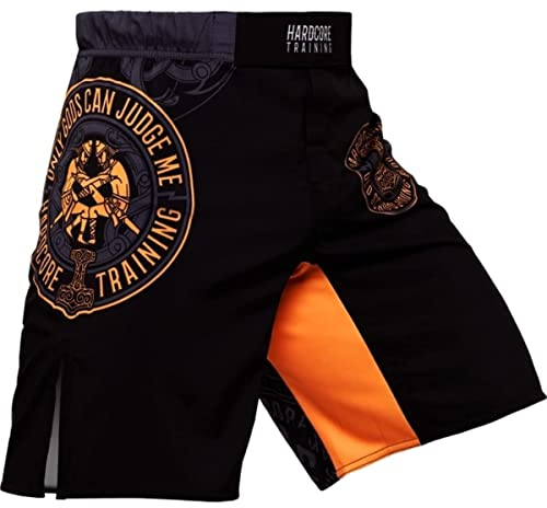 Hardcore Training Glima Fight Shorts für Herren, Boxen, MMA, Kampfsport, BJJ, Grappling, Fitness, Muay Thai, Kickboxen, Schwarz / Orange, Schwarz / Orange, Klein