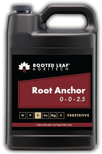 Rooted Leaf Agritech Root Anchor - Carbon Based Humic and Kelp Fertilizer, Nitrogen Free with Potassium to Improve Soil and Enhance Plant Growth for Garden Plants Grass Lawns - 1 Gallon
