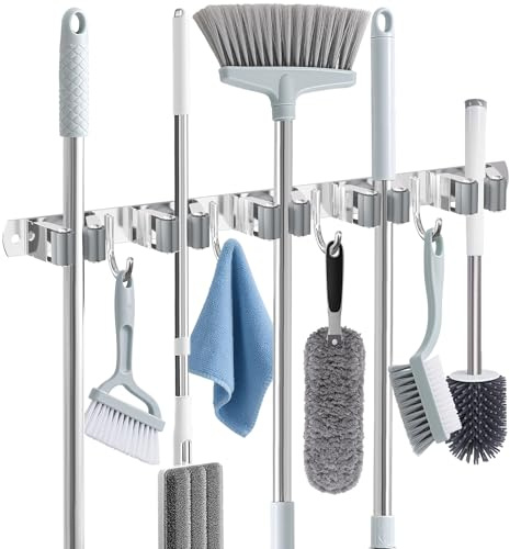 Besenhalter, Wandhalterung, Besen-Organizer, Wandhalterung, Edelstahl, Besen- und Mopp-Aufhänger, robuste Aufbewahrung, Organisation für Zuhause, Küche, Garten, Garage, Zimmer, 5 Regale, 4 Haken, Grau