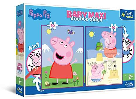 Trefl Primo - Peppa Wutz, Peppa's Lustiger Tag - 4 in 1: 2x10 große Puzzles, Zwei Ausmalbücher auf der Rückseite, Bunte Puzzles mit Märchenfiguren, Spaß für Kinder ab 2 Jahren