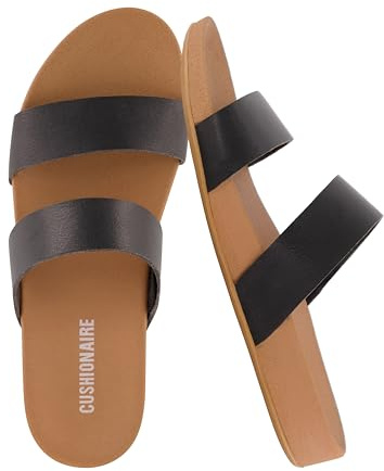 CUSHIONAIRE Josie Womens Sandals – Slip On Two Strap Slides Comfort Flip Flops Beach Sandals for Women 2025, BLACK 8