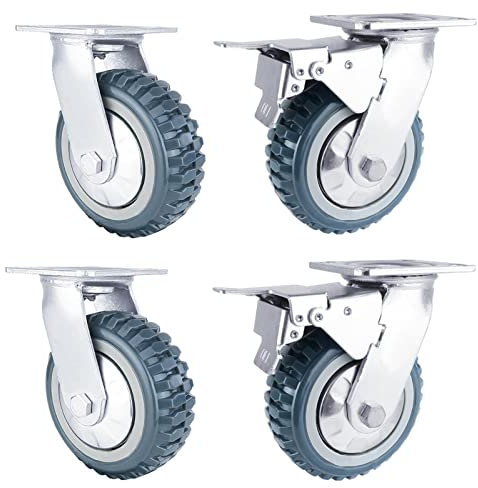WORDFUN 2 Industrierollen Schwerlast Mit Bremse + 2 Lenkrolle Aus Polyurethan, Pannensichere Stielrollen, Leise Stielrollen, Bockrolle, 4'' 5'' 6'' 8'', Mit Staubschutzhülle, Für Trolleys