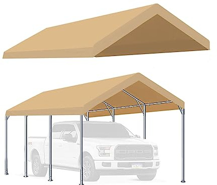Rutile 10'x20' Carport Canopy ONLY Tent Garage Replacement Top Tarp Car Shelter Cover w/Ball Bungees Beige (Only Top Cover, Frame is not Included)