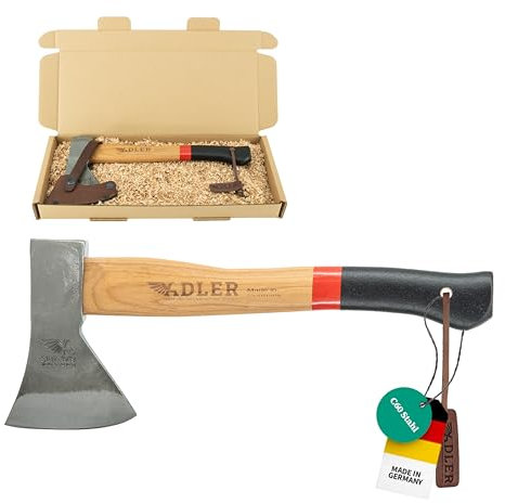 ADLER Rheinlandbeil inkl. Lederschutz: Geschmiedetes Holzbeil aus C60-Stahl, Holzaxt mit 36 cm Hickory-Stiel, Anti-Rutsch Outdoor-Beil, Survival Axt für Camping & Wandern, Rot/schwarz, 600 g