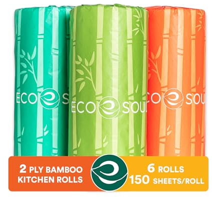 ECO SOUL Set di 6 asciugamani di carta da cucina in bambù compostabile al 100% | 2 strati con 900 fogli, 150 fogli ciascuno | Asciugamano di carta morbido ecologico, asciugamano da cucina