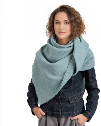 Scandi Linen Musselin Tuch Damen - Musselintuch, Musselin Schal, Dreieckig leicht (einlagig), Grün