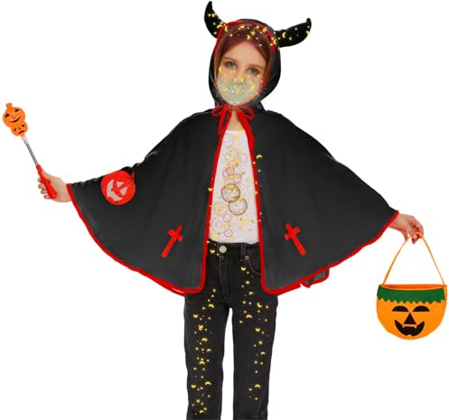 AIOSUY Halloween Kostüm Kinder Cosplay Set, für Mädchen Junge Halloween Cosplay Karneval,Halloween Stier Hörner Cape Kostüm, Plüsch Pelzigen schwarz Stier Hörner Cape Tier Cosplay