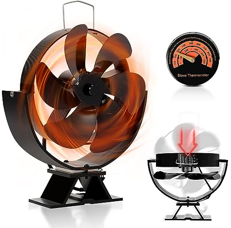 Ansobea 6 Blätter Kaminventilator Einstellbarer Winkel Ofenventilator Kamin Ventilator mit Thermometer WäRmeverteilungsausrüStung Stove Fan für Holzbrenner Kaminöfen Feuerstelle Ofenrohr