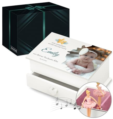 Maverton Jewelkeeper mit Aufdruck - Schmuckschatulle mit Spieluhr Ballerina - Musikschmuckdose für Mädchen - Schmuckkästchen zur Taufe - zur Erstkommunion - zum Geburtstag - mit Schublade - Andenken