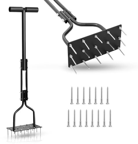 Domisyee Aerifizierer für Rasen - Rasenlüfter Manual mit 15 Eisenspikes - Rasenbelüfter Handrasenspecht Garten für Verdichteten Boden, Bodenbelüftung und Rasenpflege