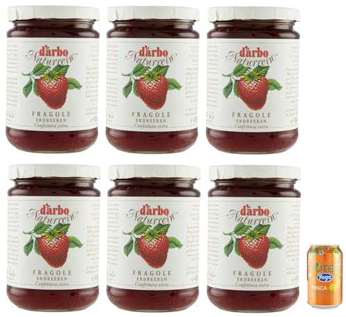 Darbo Confetura Lot de 6 pots de confiture naturelle Fragole, confiture de fraises, 450 g + 1 boîte de thé glacé de yoga à la pêche 330 ml