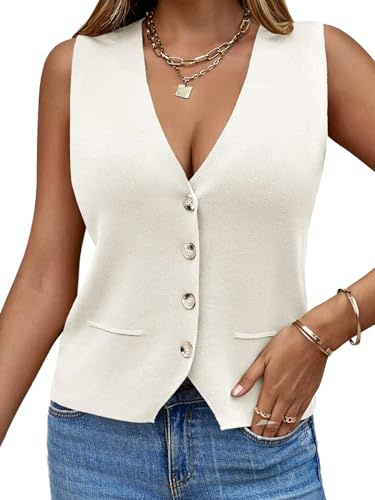 Saodimallsu Chaleco de punto sin mangas para mujer con cuello en V, botón de moda, suéter casual, suéter suelto para mujer, suéter de verano, Blanco, L