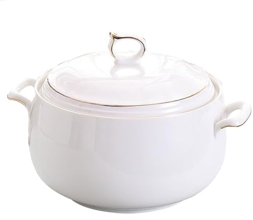 STJNFCY keramisk soppterrin med lock, 3 l stor kapacitet, kreativ serveringsskål med dubbla handtag, dekorativ servis för soppa, müsli, gryta, chill, misosoppa, A