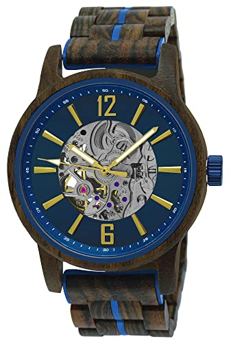 Holzwerk Germany Reloj automático hecho a mano para hombre, ecológico, madera natural, reloj de pulsera de madera, marrón, azul, plata, analógico, Hw.braun.bla, Pulsera