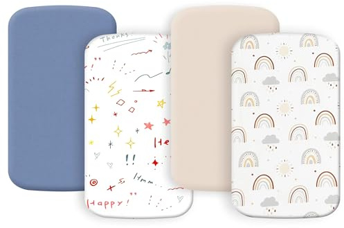Paquete de 4 sábanas para moisés de 19 x 33 pulgadas, compatibles con Koolababy, Cowiewie e IKOMZY, suaves y agradables al tacto, azul y color arcoíris