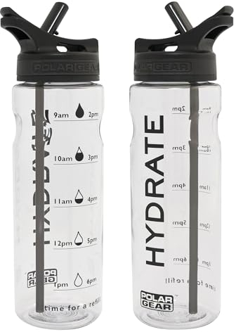 Polar Gear Motivational 750ml Water Bottle With Straw - BPA Free, Time Markings - Running, Sports, Cycling Bottle, Black