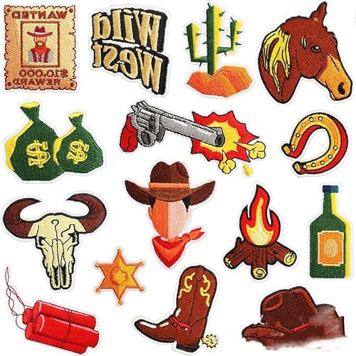 Hrlace Patch Cowboy Bügelbilder Bestickte Western-Aufnäher Westliche Lange Stiefelapplikationen Vliesstoffe Aufnäher Computergesteuerte Stickerei für Kleidung Jeans Mantel Tasche Hut Dekor, 15 Stück