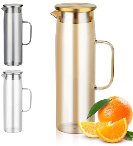 Bearrerp 1.5 L Jarras Agua Cristal, hervidor resistente al calor,jarra de agua con tapa sellada, para agua fría/caliente, vino, té helado y jugos (Dorado)