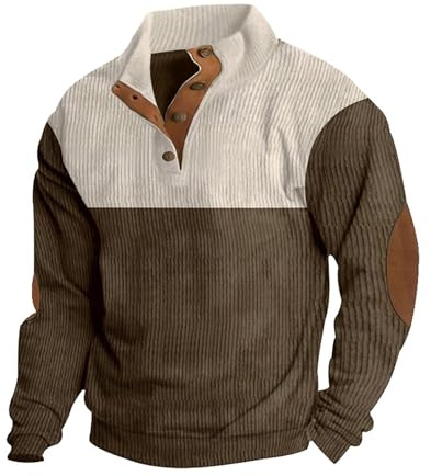 Ryehack Sweatshirt herr manchestertröja långärmad casual henley-t-shirt tröja lätt med knappslå S–3XL, BRUN, M