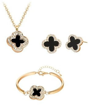 Hanaoops Jewellery Set for Women Cubic Zirconia Four-Leaf Clover Pendant Necklace Stud Earrings Bracelet Sets Adjustable Wedding Jewellery for Bride