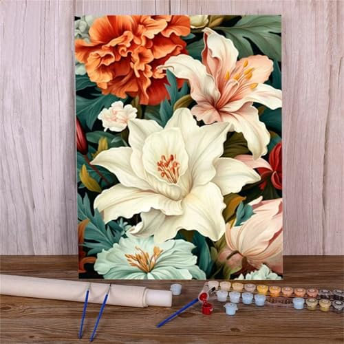 Malen Nach Zahlen Erwachsene Schöne Lilie Paint by Numbers DIY mit Pinseln und Acrylfarben Malen Nach Zahlen,Blume Handgemalt Ölgemälde Leinwand Kunst-Handwerk für Home Decor,ohne Rahmen 60x75cm