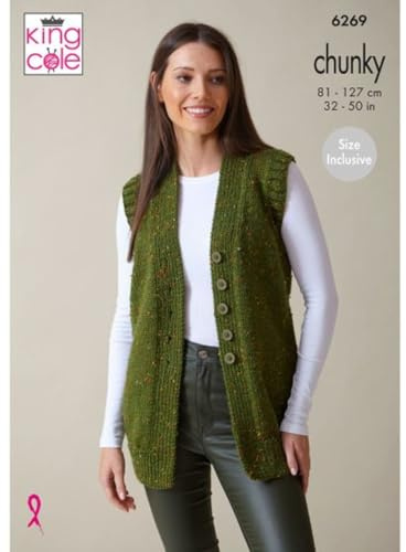 King Cole Chunky Knitting Pattern - 6269 Ladies Waistcoat & Capped Sleeve Cardigan