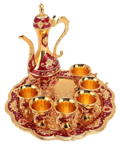 Hztyyier Kit Vintage in Metallo per Vino, Caffettiera, Set da 6 Tazze, Teiera, Servizio da tè Europeo, per Matrimonio, Compleanno, di Inaugurazione della Casa (Rosso Oro)