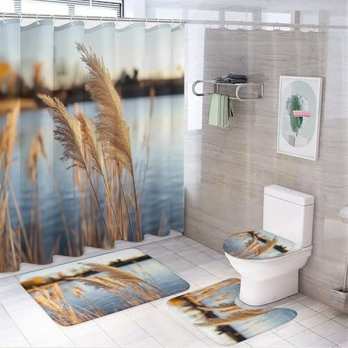 CAEITLRSO 4 Piece Reeds Lake Shower Curtain Set, Nature Landscape Bathroom Sets with Shower Curtain and rugs, Toilet Lid Rug, Contour Mat and Bath Mat Bathroom Accessory Sets, 12 Hooks