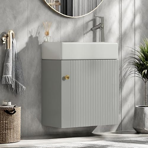 YLSZHY 46 cm schwimmende Badezimmer-Waschtisch mit Keramikspüle, moderner Wandmontierter Waschbeckenschrank mit gerippter Tür für Zuhause, Badezimmer, kleiner Raum, ohne Wasserhahn (Grau 2)