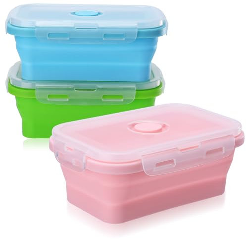 3 Pcs Boîte à Lunch en Silicone Pliante, 500ml Bento Lunch Box Micro Ondable Réfrigérateur Congélateur, Boite a Lunchbox Pliables avec Couvercles, Boite Pique Nique Meal Prep Alimentaires