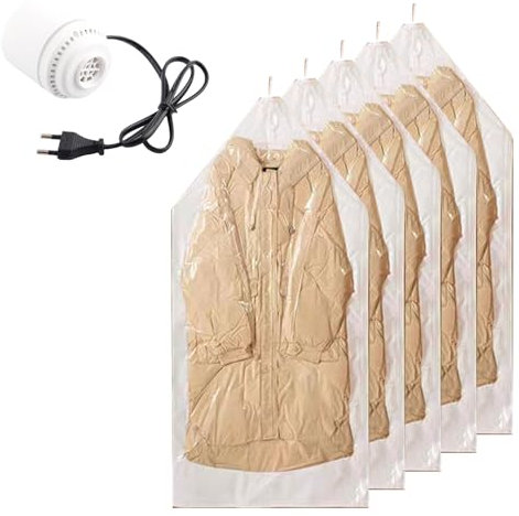 Vakuumierbeutel Kleidung Hängend, Vakuum Kleiderbeutel, Kleidung Vakuumieren, 5 PC 145x70cm Vakuumbeutel für Bettdecken, Vakuum Kleidersäcke mit Elektrische Pumpe, Vakumierergerät Beutel für Reise