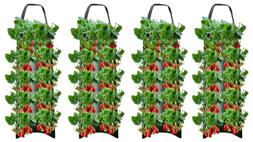 Jingyash Erdbeer Pflanzbeutel zum Aufhängen, 4 Stück Hängend Erdbeer Pflanztaschen mit 10 Löchern, Atmungsaktive Pflanzsack Hängend für e-rdbeere, Tomaten, Kräuter, Gemüse, Blumen