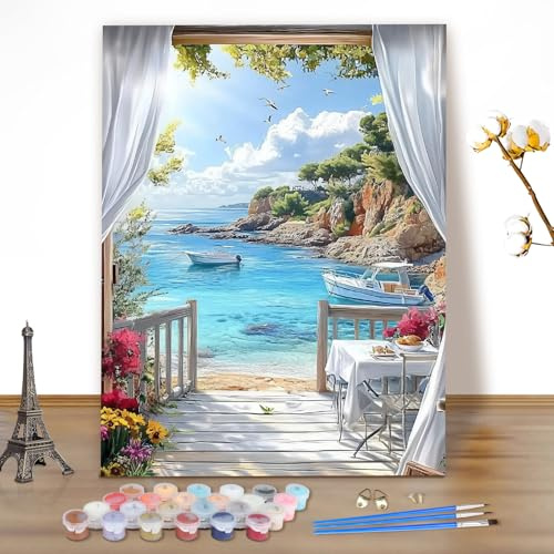 MEIYUDA Malen Nach Zahlen Erwachsene Blick aufs Meer, DIY Landschaft Set Handgemalt Ölgemälde Kit für Anfänger Mit 3 Pinseln und Acrylfarbe, Geschenke und Home Haus Deko 40x50cm(Ohne Rahmen)