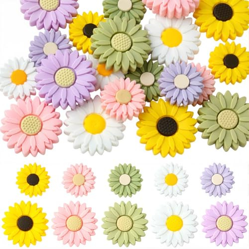 PONABEADIY 20 Stück Silikon Gänseblümchen Perlen Für Die Schmuckherstellung | 1 Box Bunte Blumesnförmig Gummi Bunt Fokalanhänger Lose Blumenperle Abstandsperlen Mit Löchern für DIY Armbänder Bastelbedarf