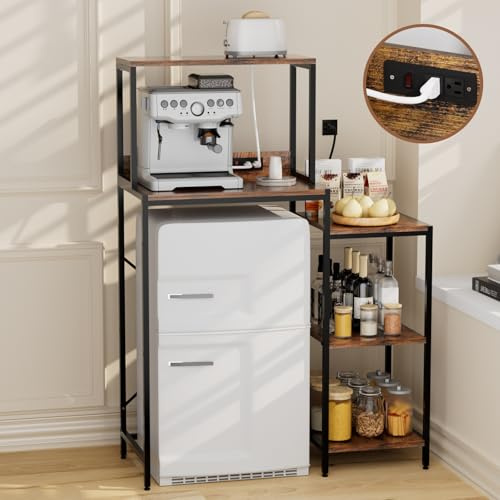 QieerHior Mini Fridge and Microwave Stand Cabinet Shelf Organizer for Dorm, 5 Tiers Adjustable Over Mini Fridge Storage Bakers Rack with Power Outlet for Kitchens, Coffee Bar for Office,Brown