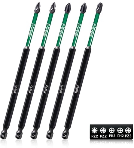 Pronese 5 pcs 150 mm PZ2 & PH2 & PZ3 Magnetic Impact Driver Bits, Long S2 Steel Magnetic Drill Bits