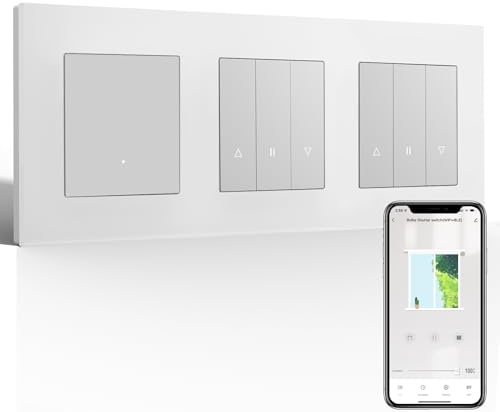 BSEED Smart Interruptor 1 Gang 1 Vía y WiFi Interruptor de Persiana Doble con Marco PC,Temporizador WiFi para Persianas Compatible con Alexa/Google Home,Blanco(Requiere Cable Neutro)