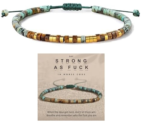 Strong As F' Morse Code Motivational Bracelet with African Turquoise Tiger Eye, Adjustable Natural Gemstone Morse Code Bead Wrap Bracelets Courage Power Stackable Inspirational Healing Bracelets Friendship Jewelry for Women（Green Strong as fck）