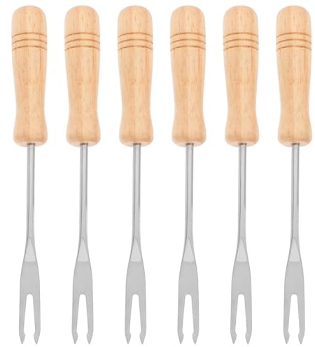 KALLORY Fonduegabeln 6 Stück 12 cm Edelstahl Fondue Gabel Set mit Holzgriff | Käsefondue Gabeln für Schokoladenfondue, Fleischfondue, Obst und Dessert, Wiederverwendbare Fondue Zubehör Gabeln für Zuhause