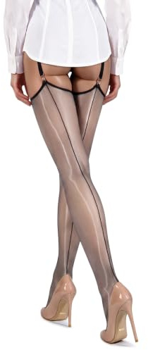 VOGEL VERE Women's Back Seam Thigh High Stockings Shiny Sheer Nylons Sexy | Fully Fashioned Stocking, Ultra-Thin Glossy Thigh Highs for Garter Belts, Oil Bright Smooth