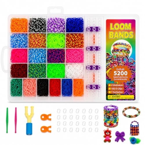 Juego de bandas elásticas XXL 5200 para hacer pulseras, juego de manualidades para niños, incluye caja de clasificación, clips en S y ganchos para tejer, ganchos – sin látex Loom pulseras joyas DIY